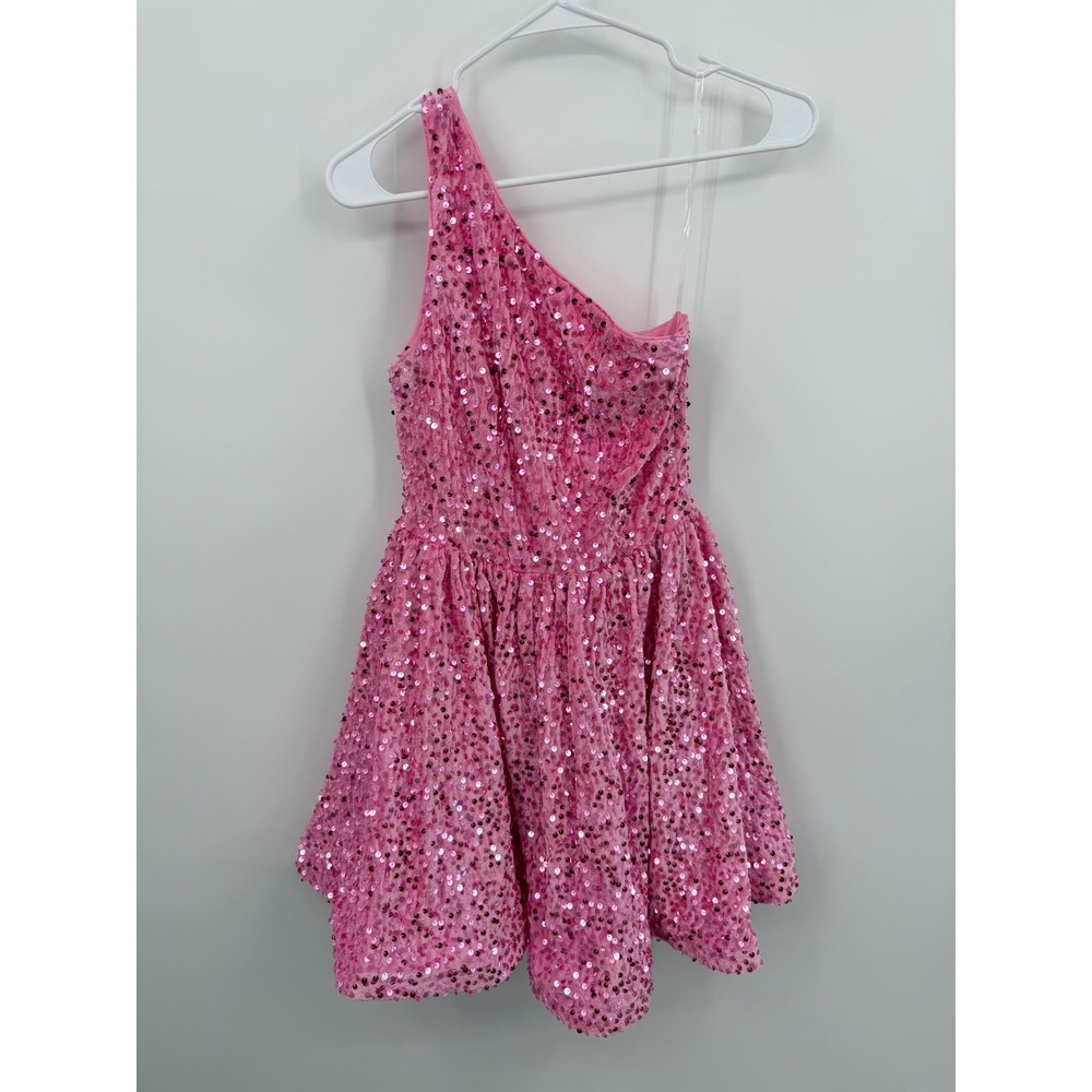 FAERIESTY One Shoulder Sequin Mini Dress‎ Women Size S Pink Velvet Skater Party